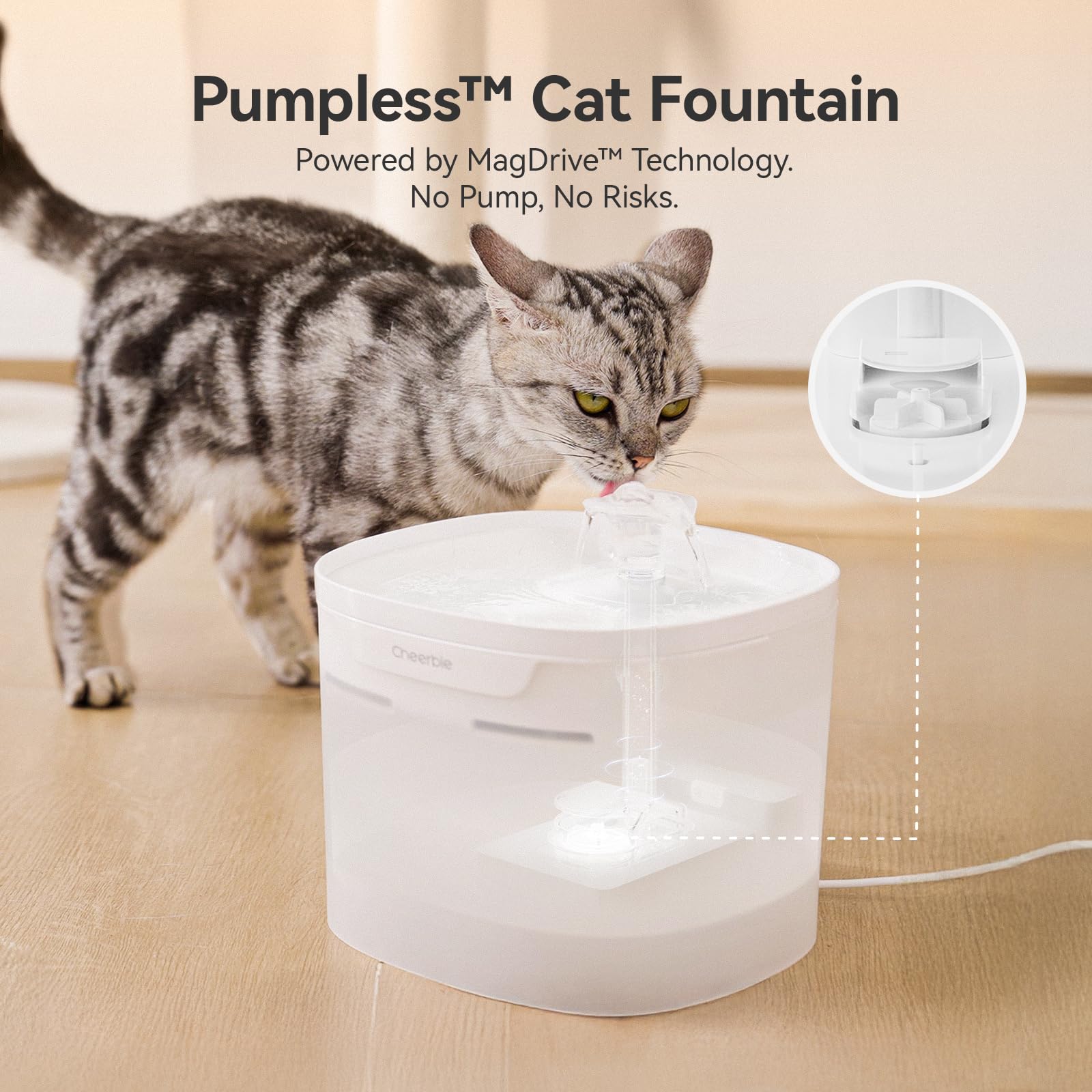 Cheerble Elfin E1 Lite water flow demonstrates continuous hydration for cats.