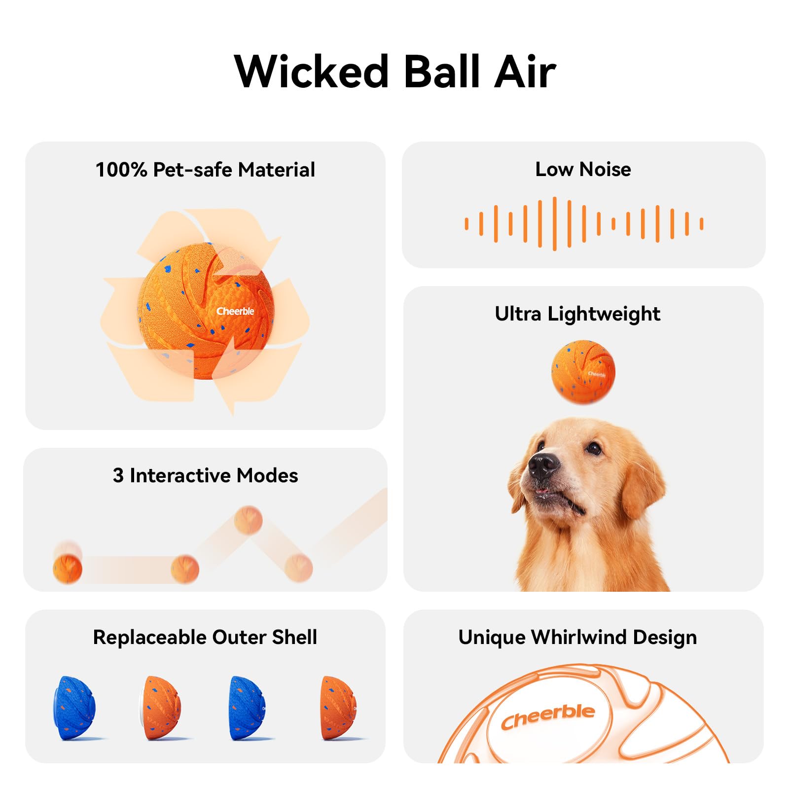 Cheerble Wicked Ball AIR mode switch highlights Normal, Passive, Gentle options for varied activity.