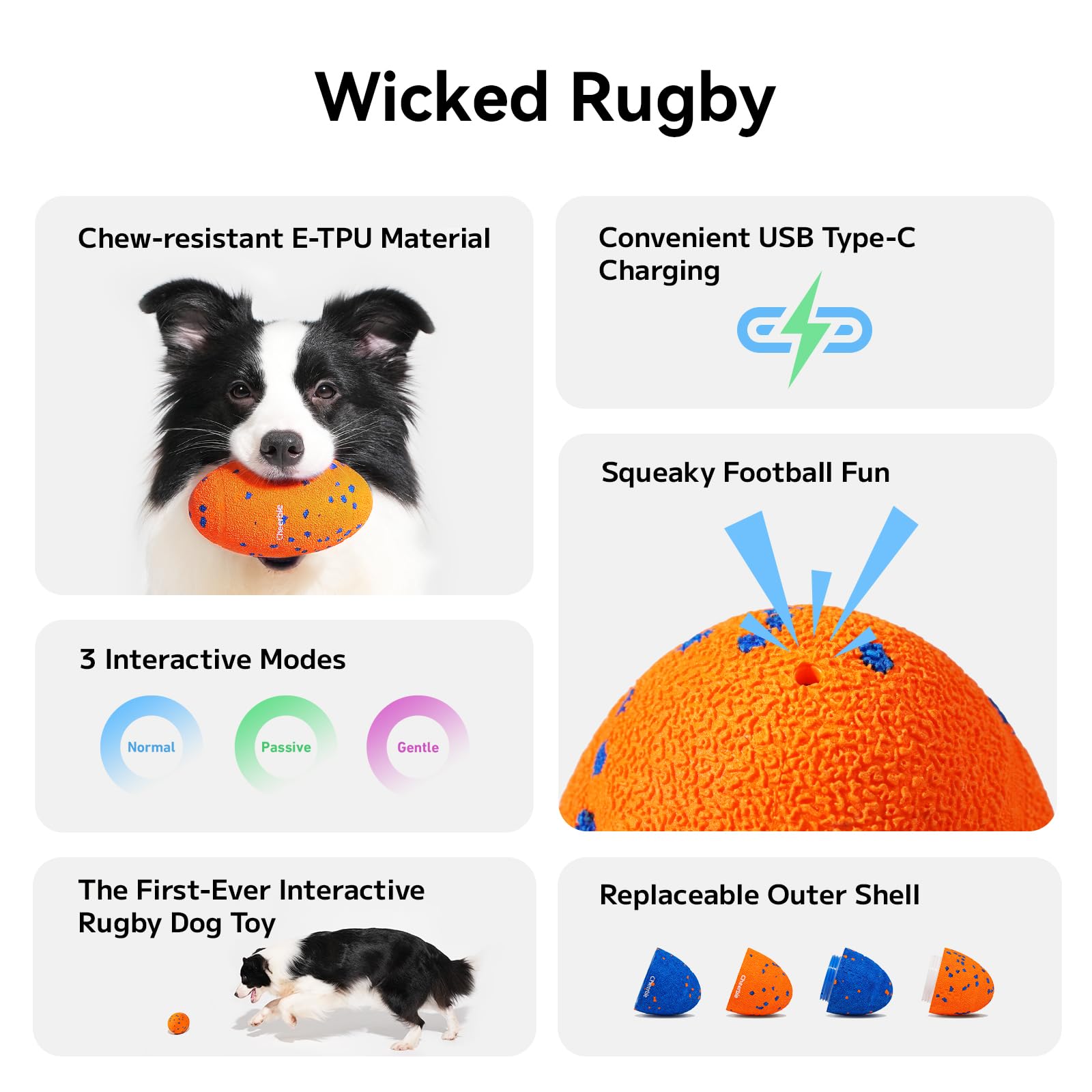 Cheerble Wicked Rugby squeaky close-up highlighting the engaging squeaker for interactive fetch.