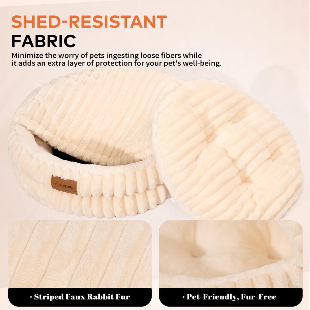 CHEERPALS cat bed white exterior and rounded shape in room.