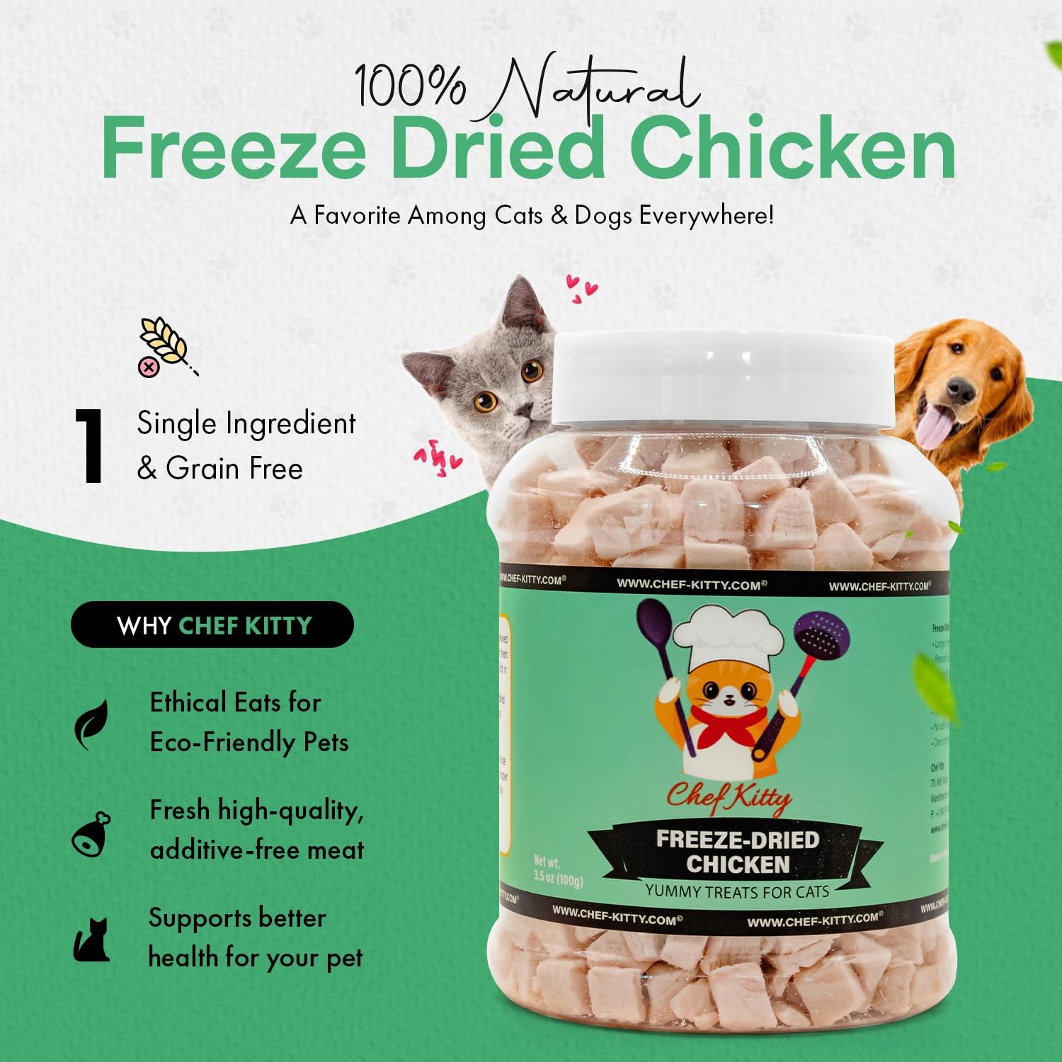 Chef Kitty freeze-dried chicken treat closeup highlights pure, additive-free meat for pets.
