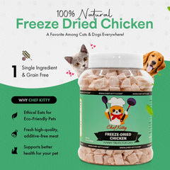 Chef Kitty freeze-dried chicken treat closeup highlights pure, additive-free meat for pets.