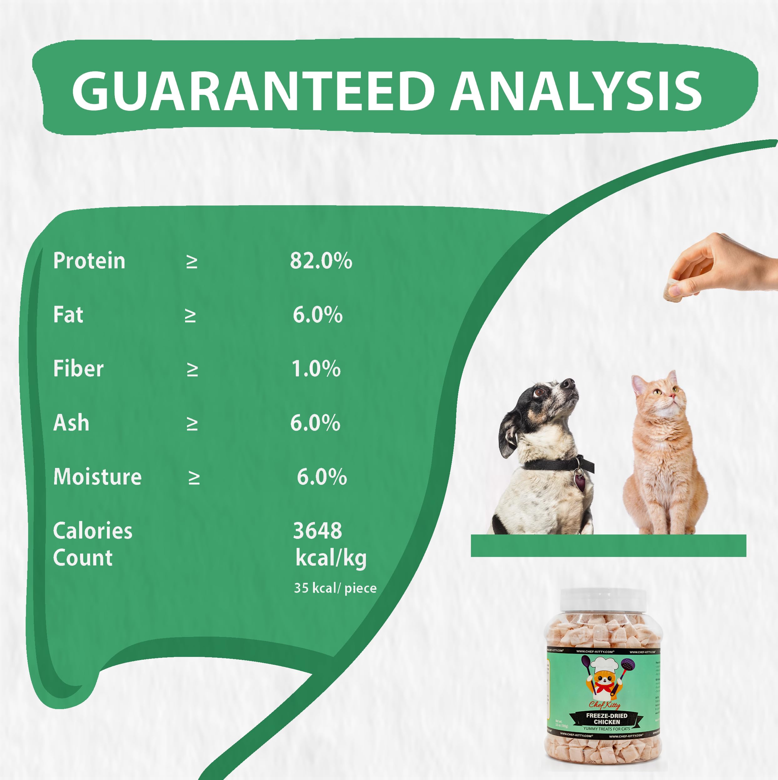 Chef Kitty freeze-dried chicken treat kitchen scene implies easy at-home use.