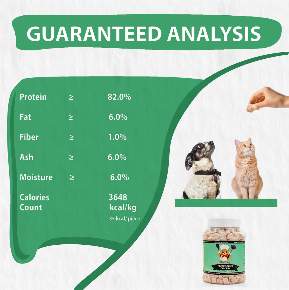 Chef Kitty freeze-dried chicken treat kitchen scene implies easy at-home use.