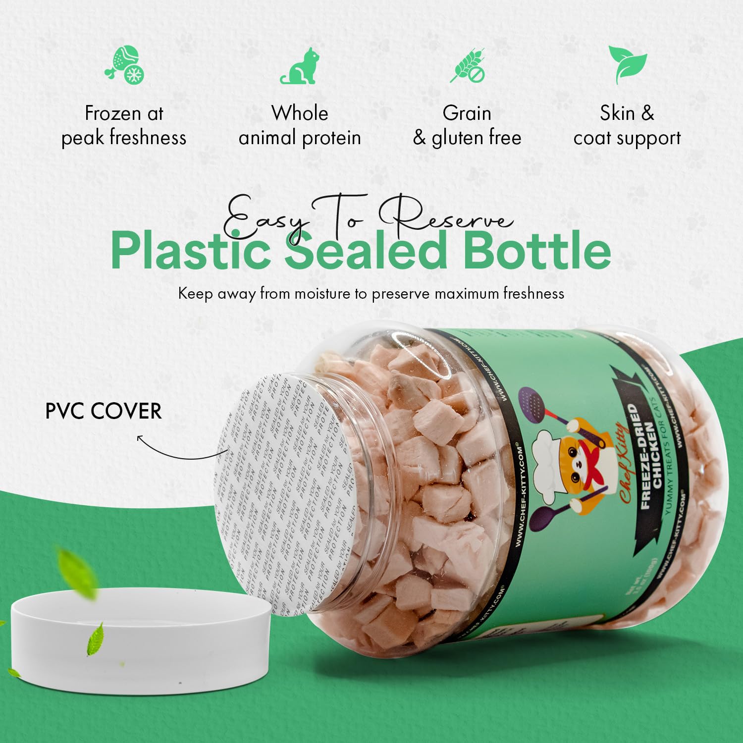 Chef Kitty freeze-dried chicken treat packaging on shelf communicates premium human-grade quality.