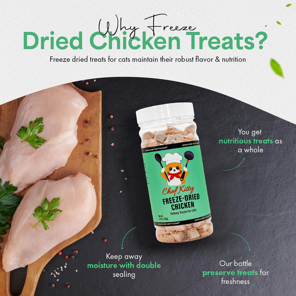 Chef Kitty freeze-dried chicken treat pour from pack emphasizes convenient snacking.