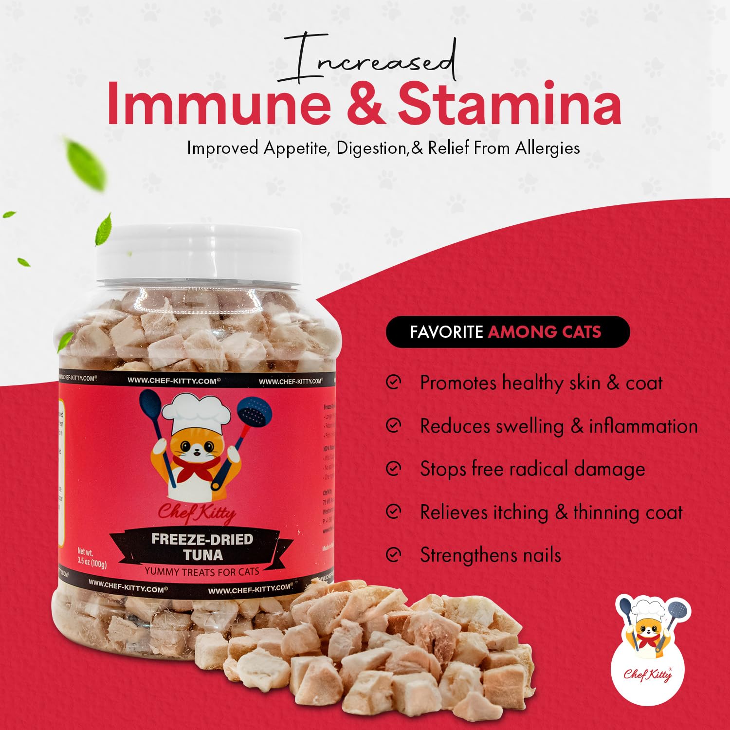 Chef Kitty single-ingredient tuna bites highlight natural nutrition for pets.