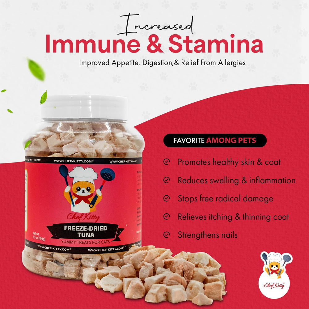 Chef Kitty tuna treats USA inspection stamp visible on packaging.