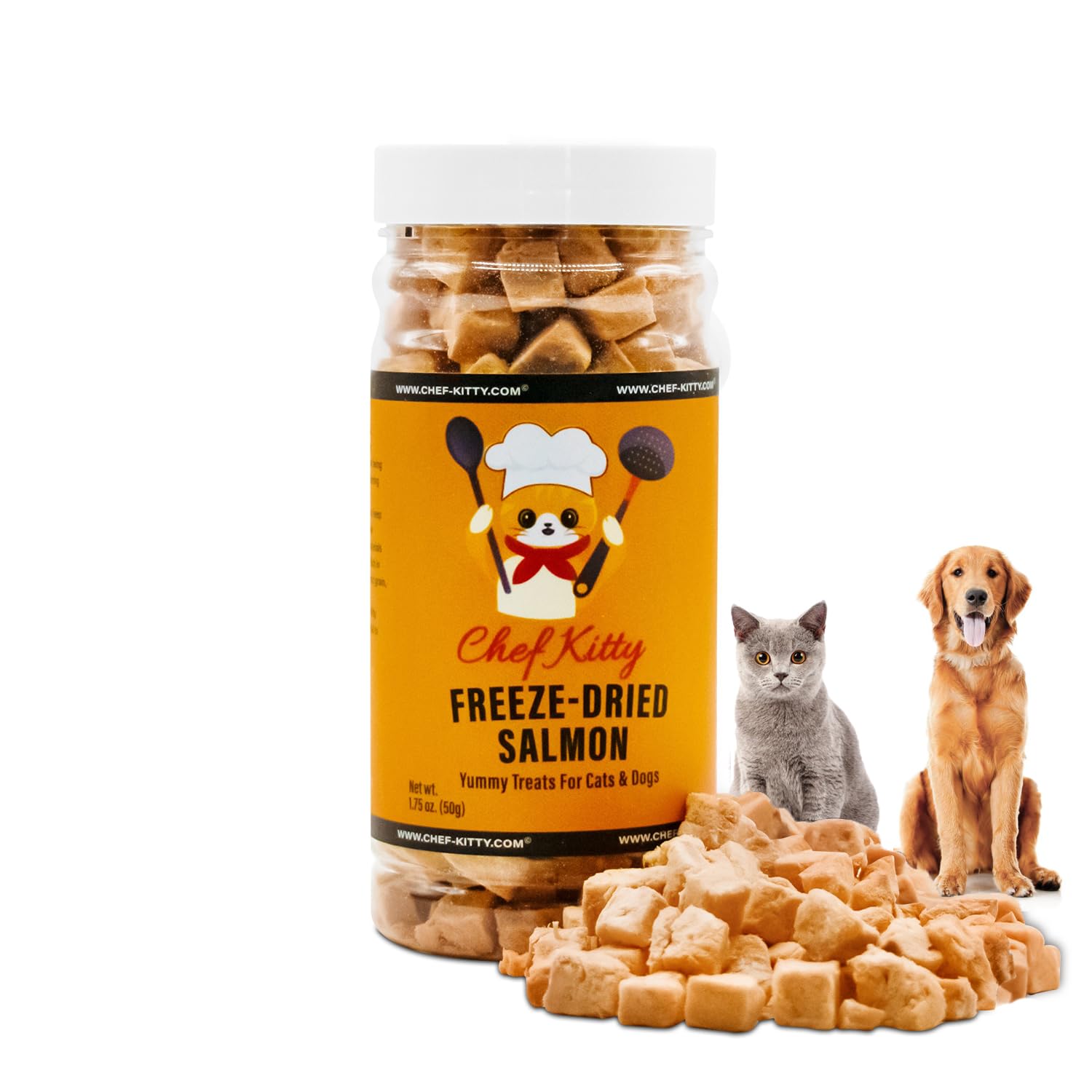 Chef Kitty salmón trocitos liofilizados para mascotas con sabor natural.
