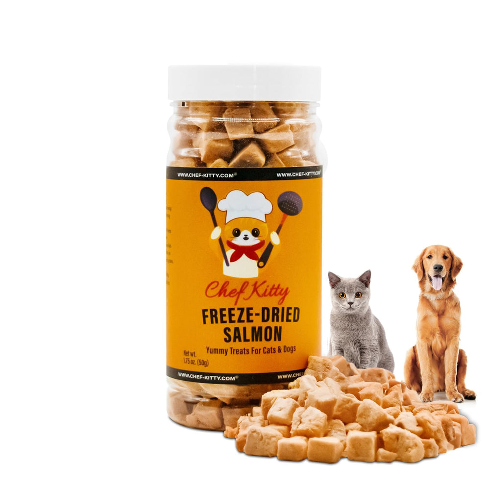 Chef Kitty salmón trocitos liofilizados para mascotas con sabor natural.