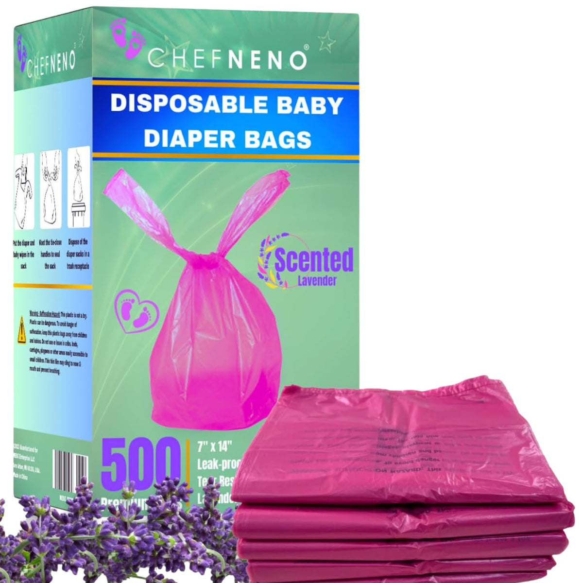 CHEFNENO baby diaper bags pink-500-count for leak-free disposal and easy cleanup.