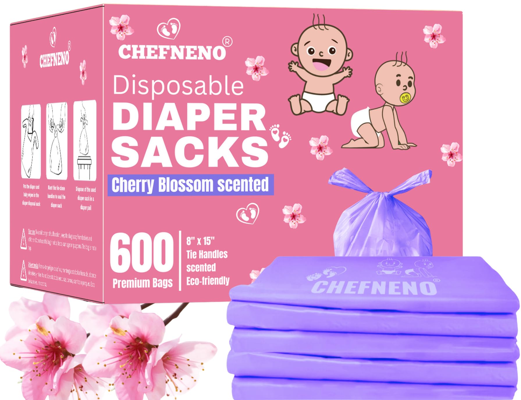 CHEFNENO cherry blossom scented diaper bags in bulk packaging for convenient shopping.