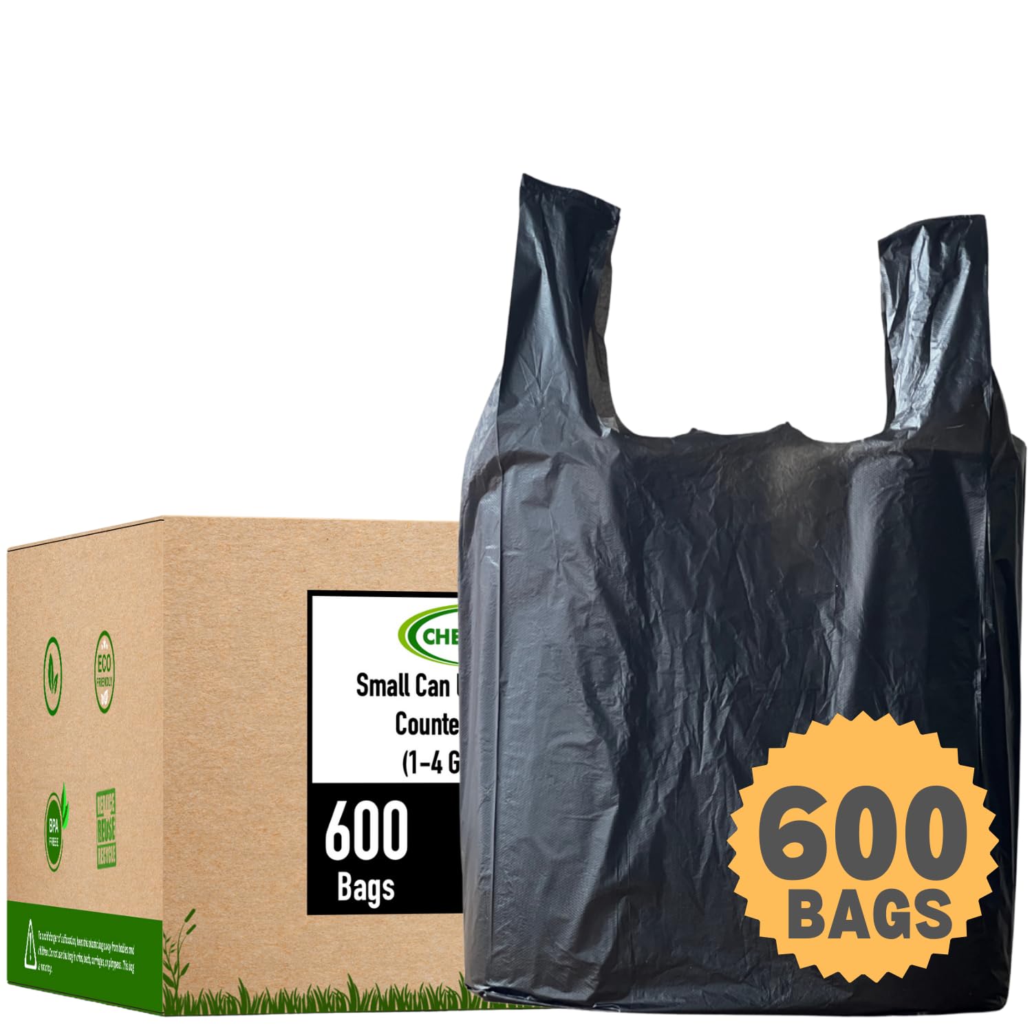CHEFNENO tshirt-biodegradable bags, 600ct bulk pack for home use and waste tasks.