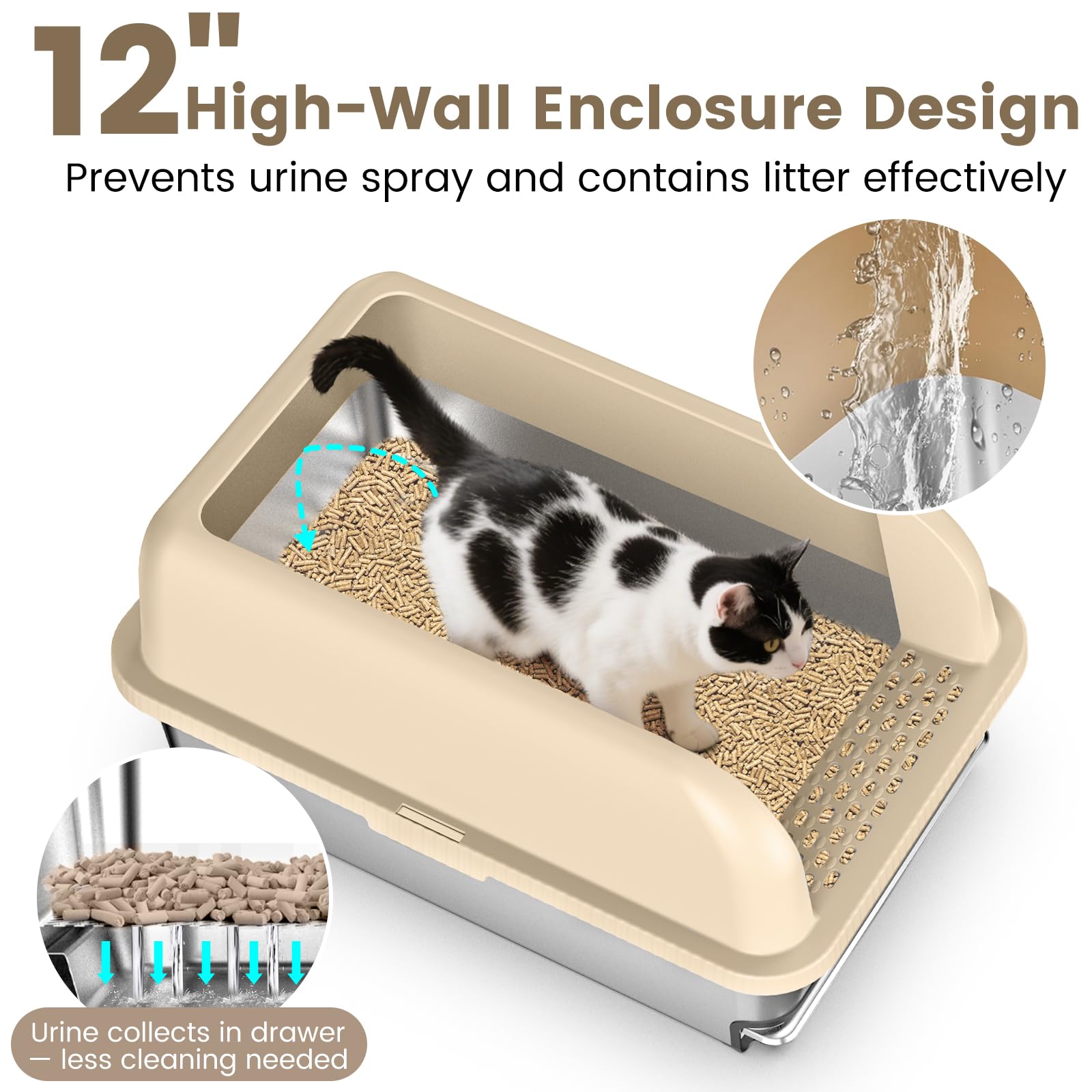 CHENOVE high-sides stainless litter tray helps minimize spills and tracking.