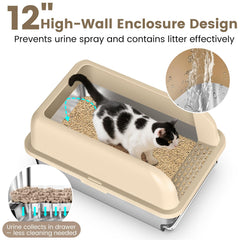 CHENOVE high-sides stainless litter tray helps minimize spills and tracking.