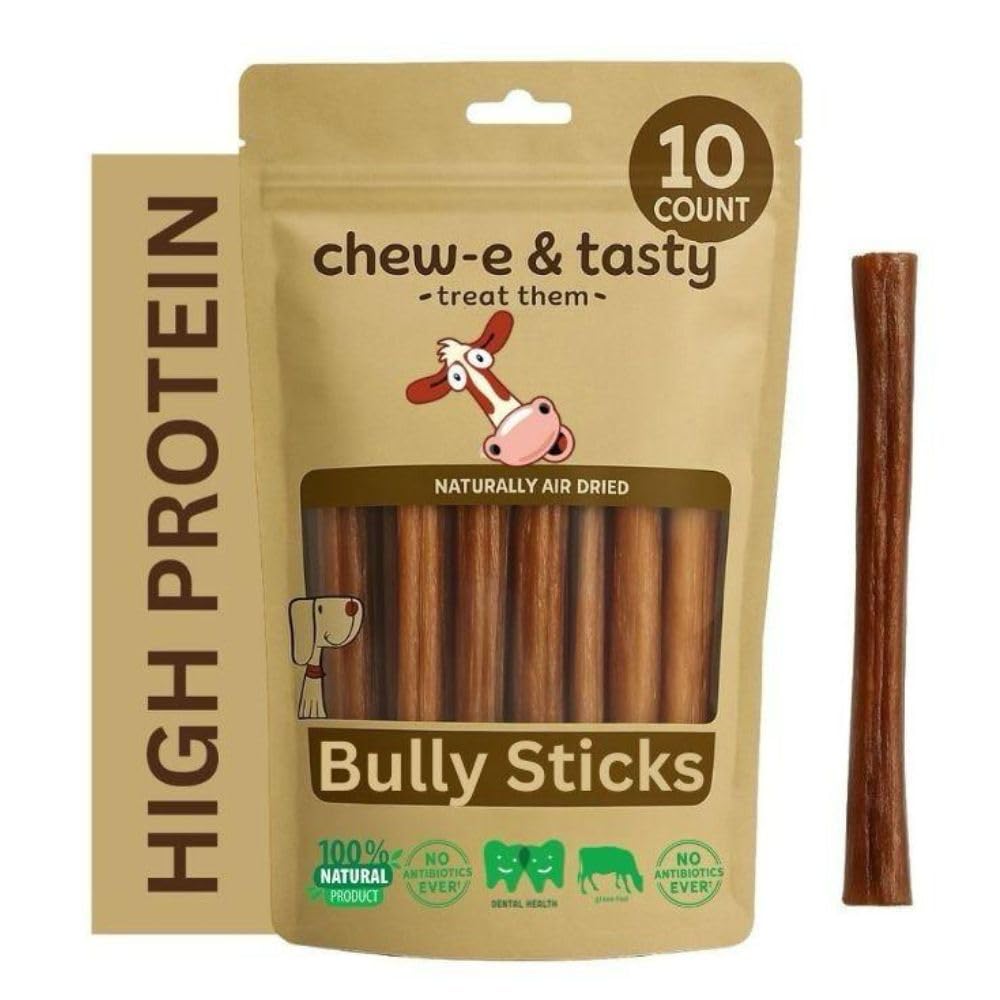chew-eandtasty 6inch bully sticks pack10 closeup shows natural beef snack for dogs