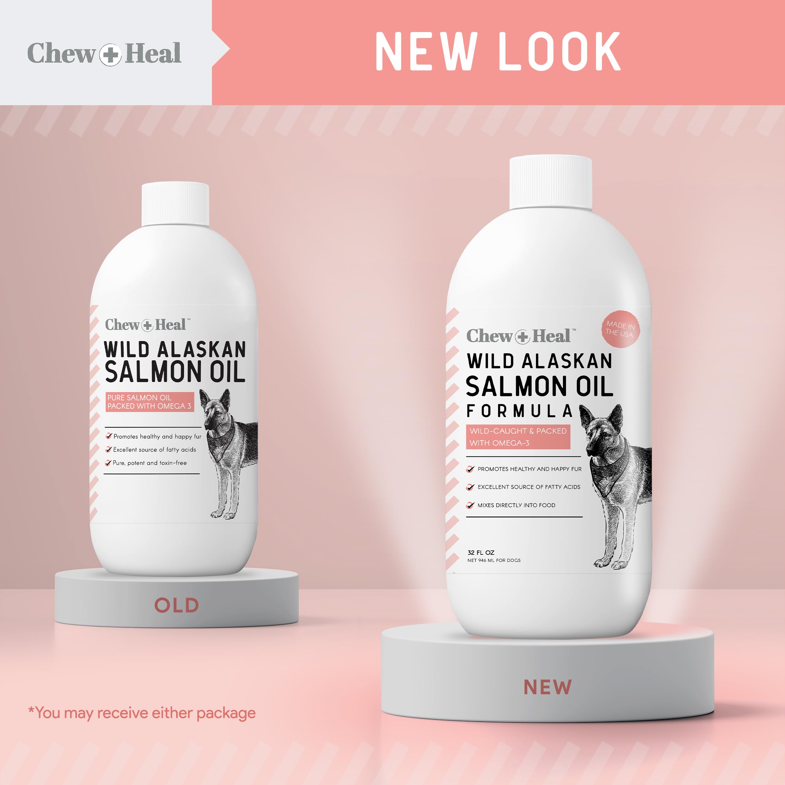Chew + Heal Labs all-sizes-dogs presentation featuring 16 oz bottle.