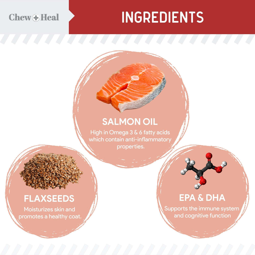Chew + Heal Labs bacon-flavored salmon oil treats tempt with coat-nourishing omega benefits.