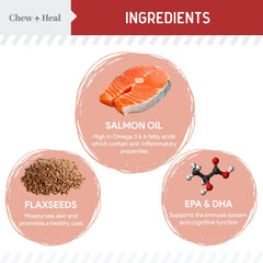 Chew + Heal Labs bacon-flavored salmon oil treats tempt with coat-nourishing omega benefits.