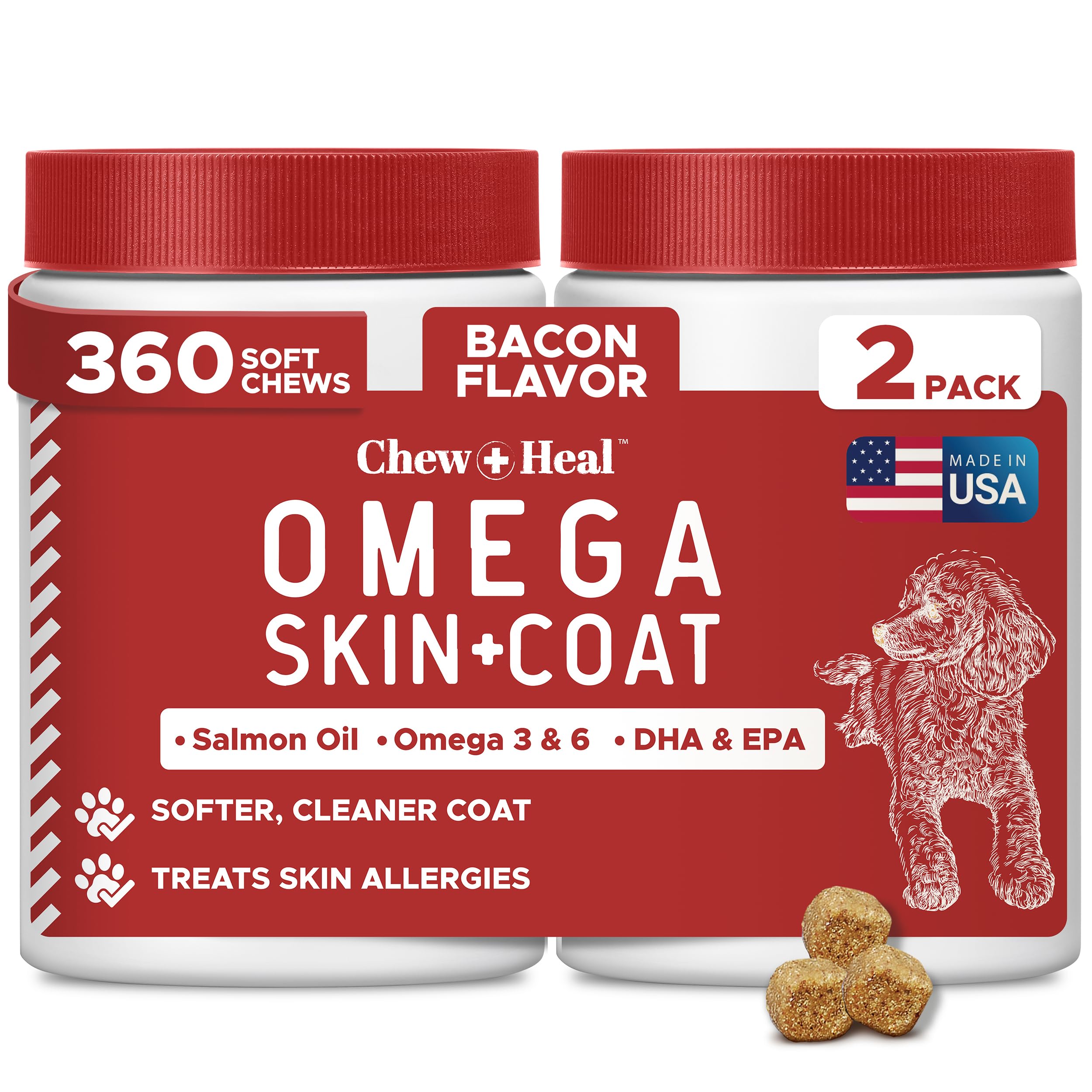 Chew + Heal Labs best itchy skin dogs 360 soft chews daily skin support.