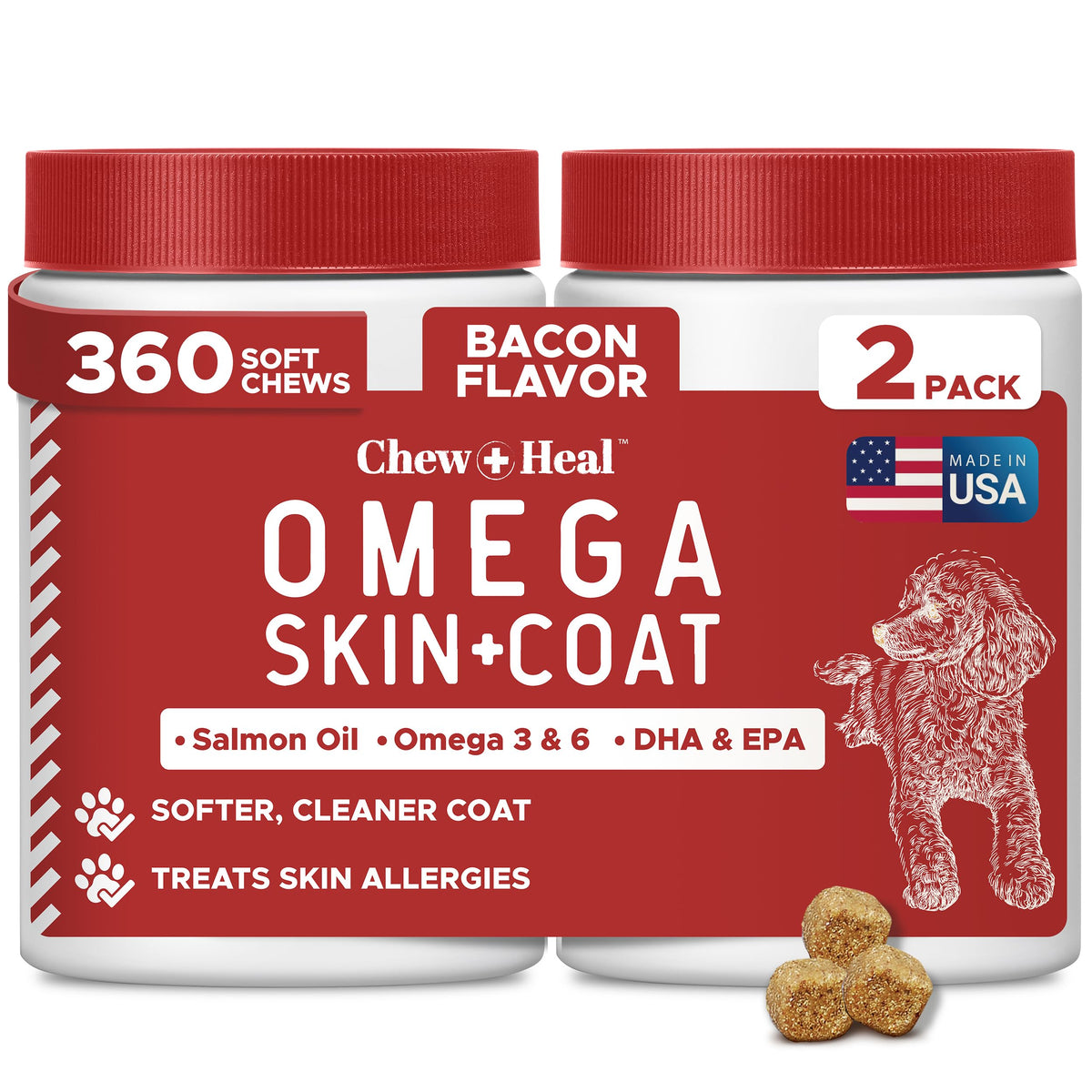 Chew + Heal Labs best itchy skin dogs 360 soft chews daily skin support.