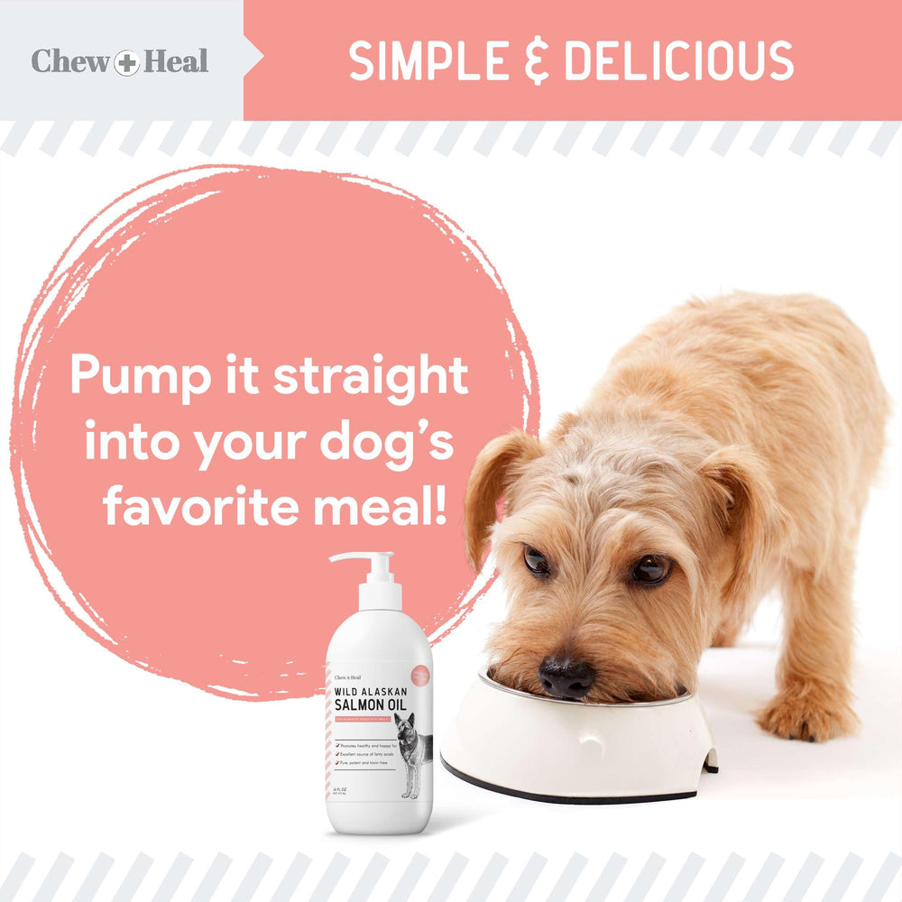 Chew + Heal Labs delicious-flavor dog oil topping image suggesting pet enjoyability.