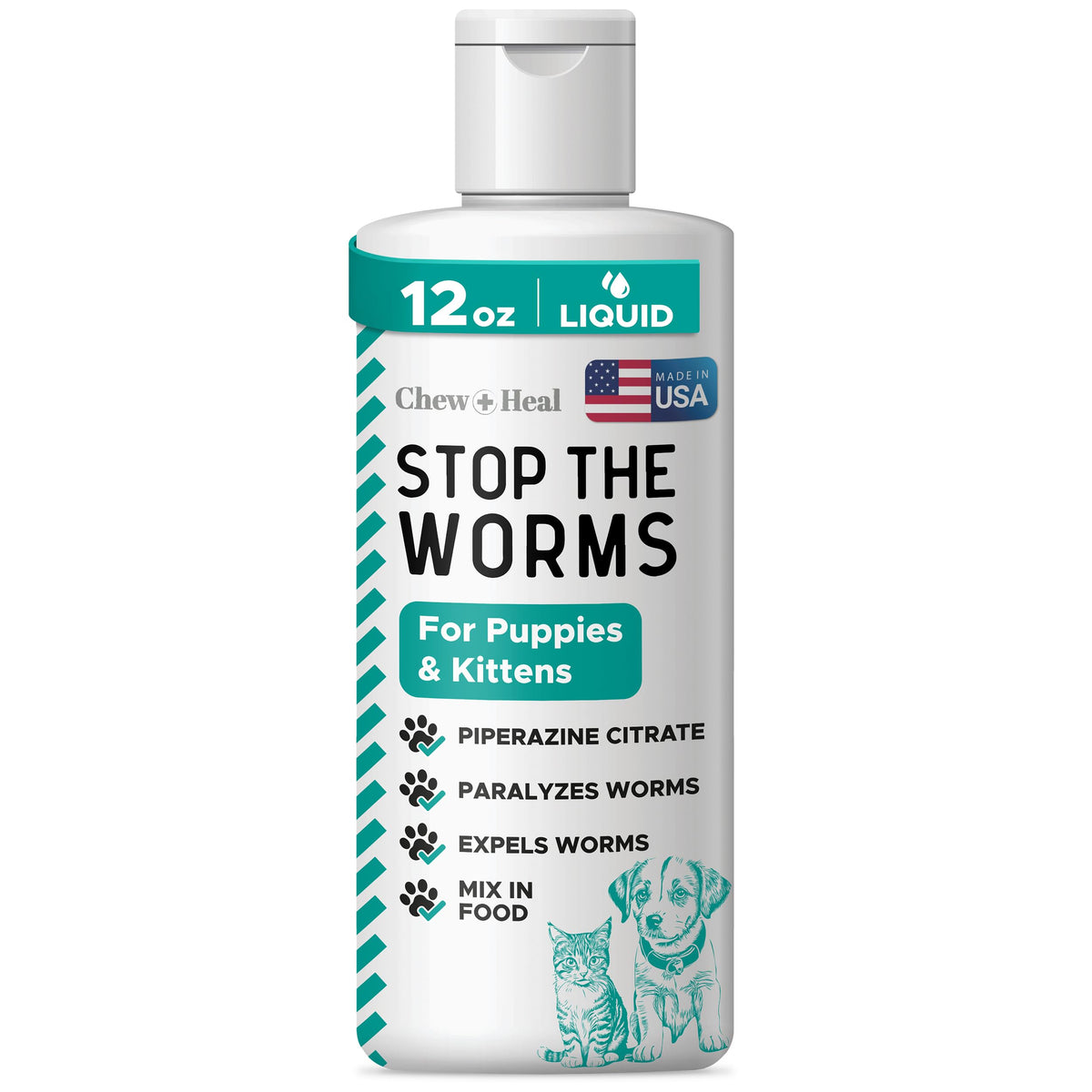Chew + Heal Labs dog-cat dewormer bottle pour for easy dosing during meals
