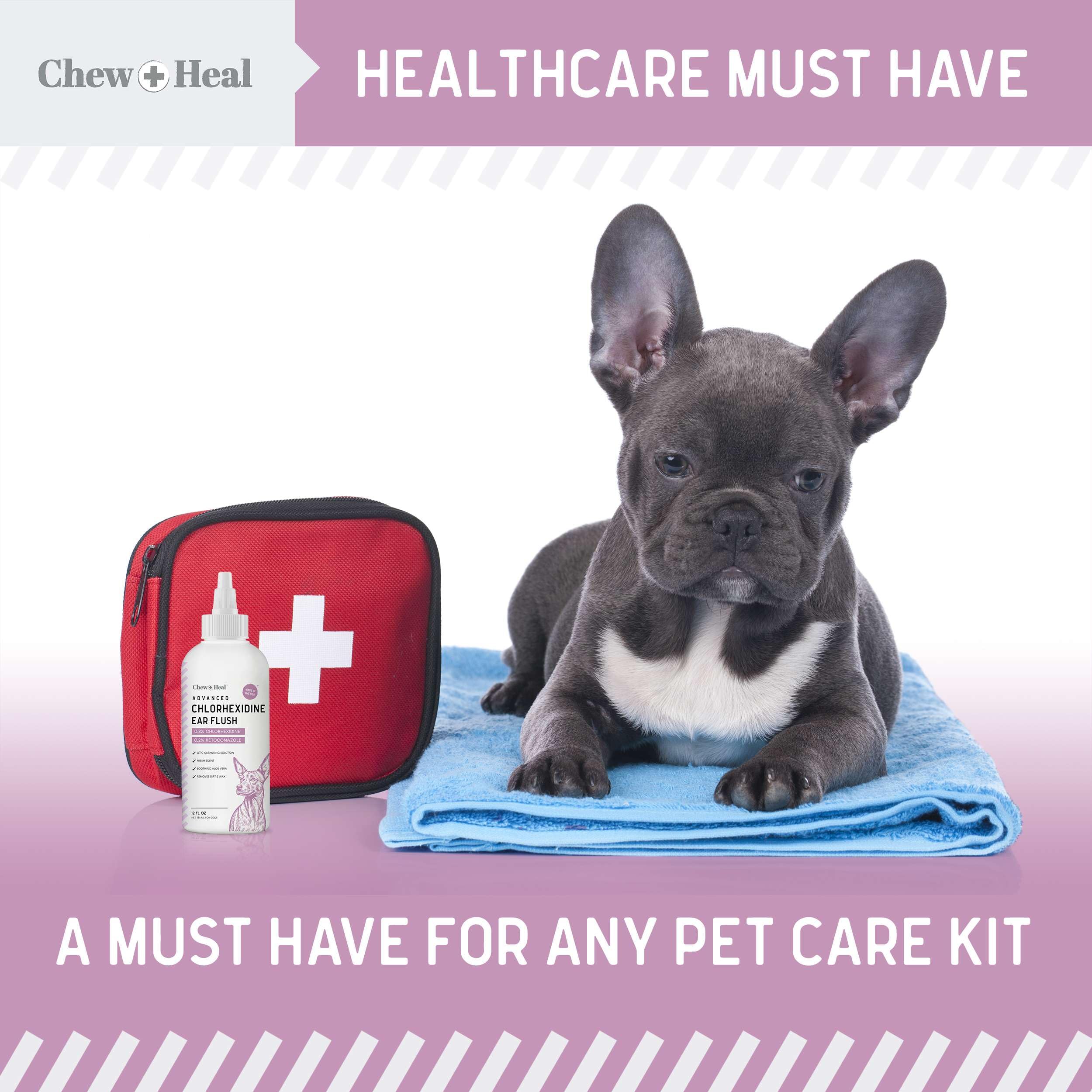 Chew + Heal Labs dog ear care solution supports ongoing dirt and wax management.