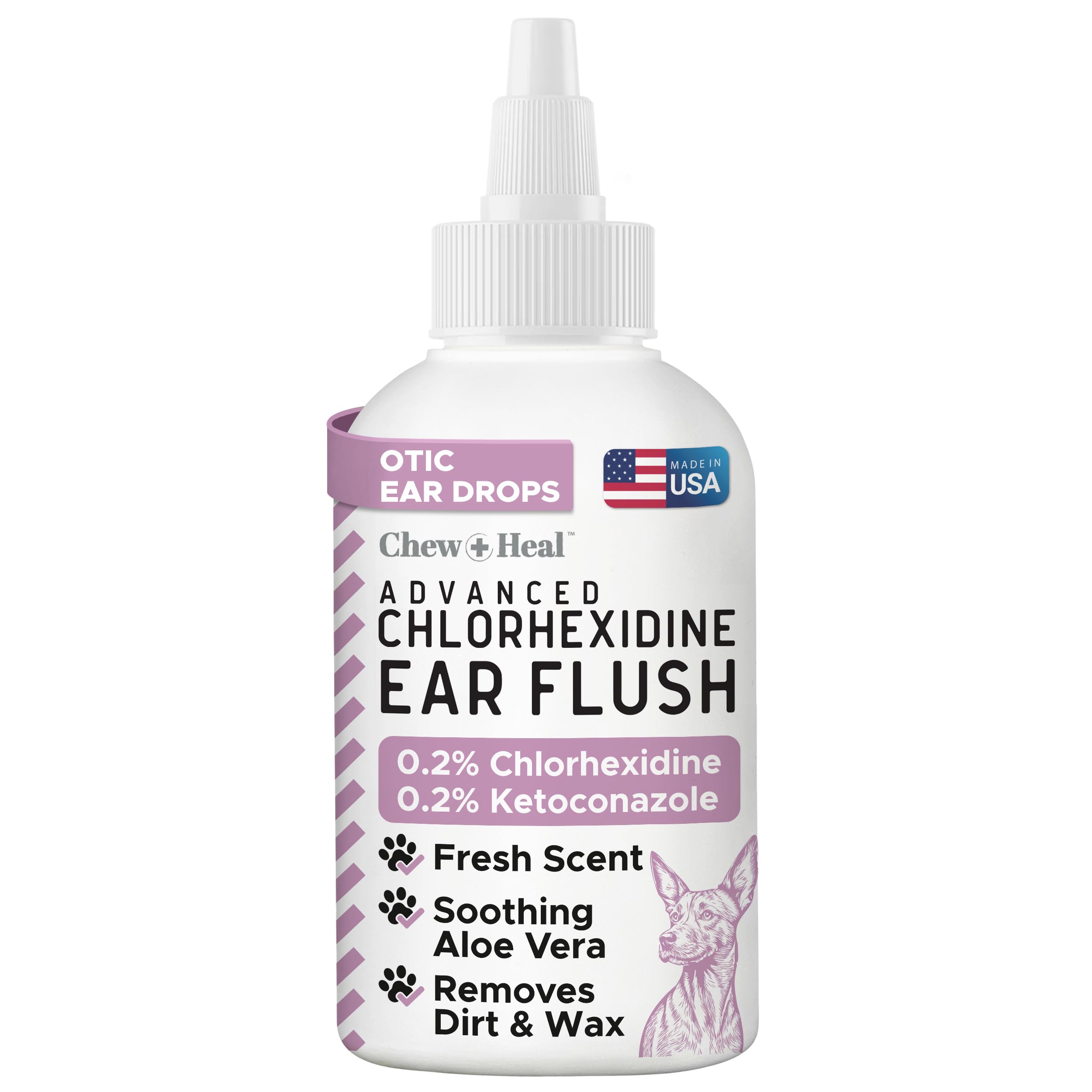 Chew + Heal Labs dog ear cleaner bottle pour demonstrates easy dispensing for dirt and wax relief.