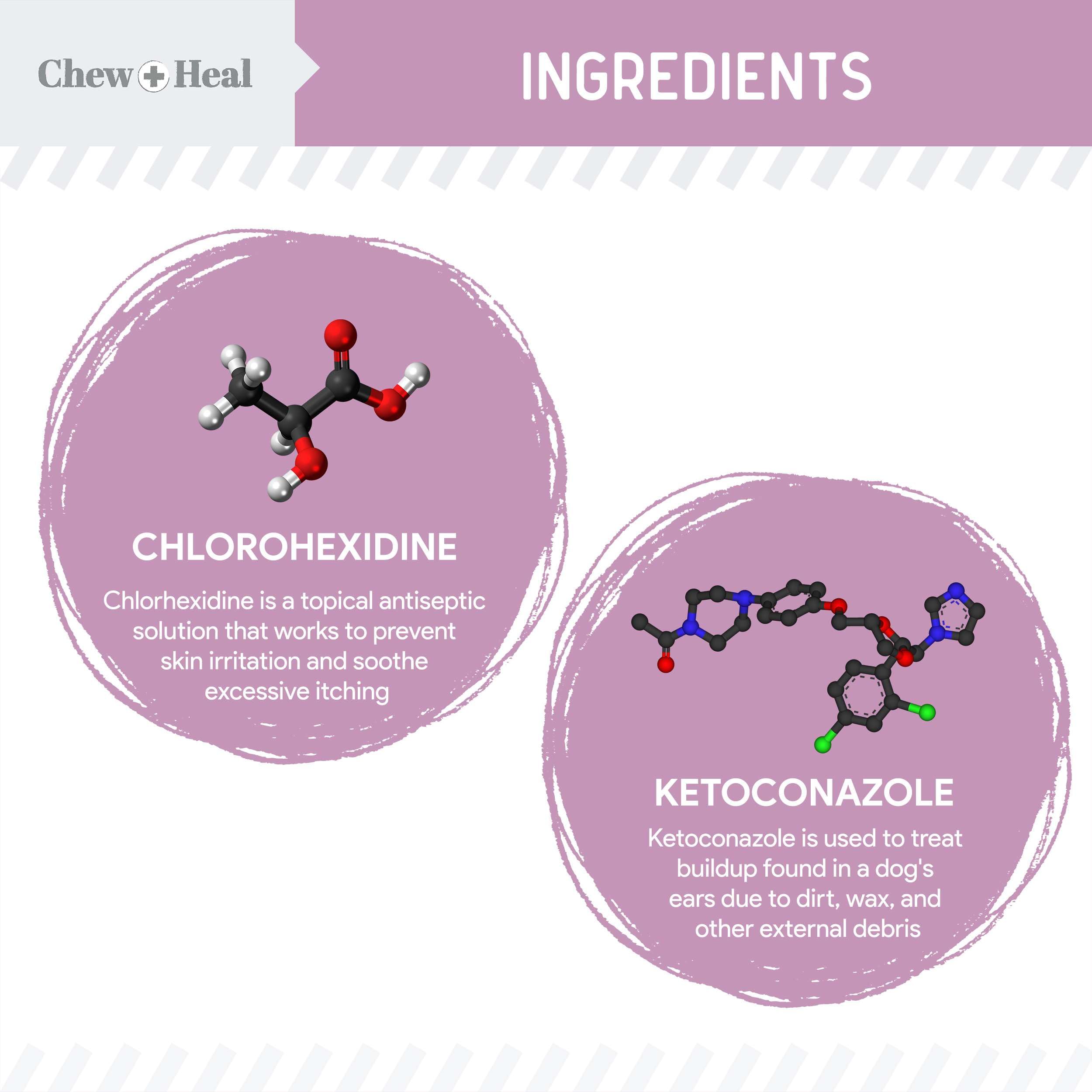 Chew + Heal Labs dog ear cleaner label closeup shows trusted ingredients for gentle cleansing.