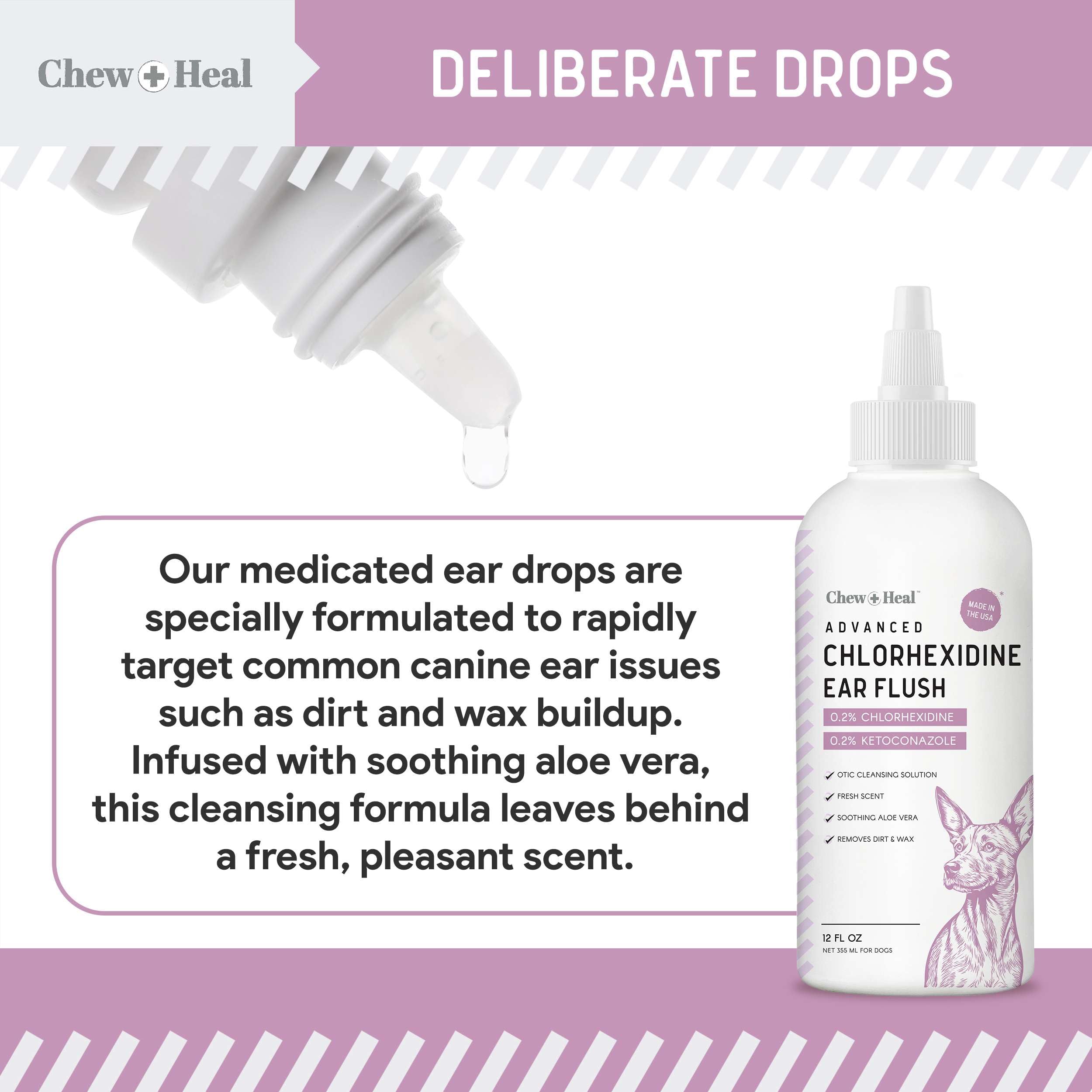 Chew + Heal Labs ear cleaner packaging USA highlights brand reliability and simple at-home care.