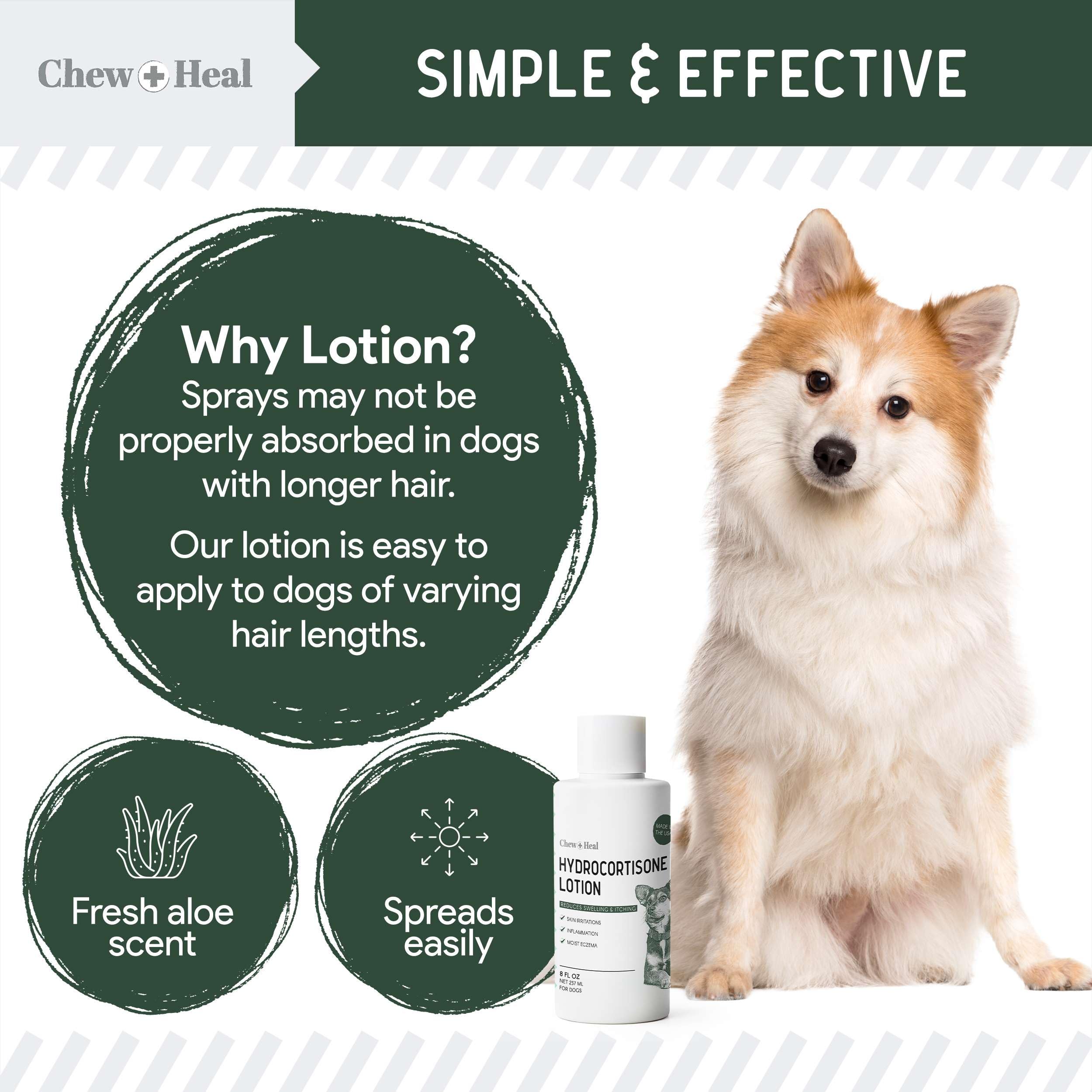 Chew + Heal Labs hydrocortisone lotion bottle features anti-itch benefit callout.