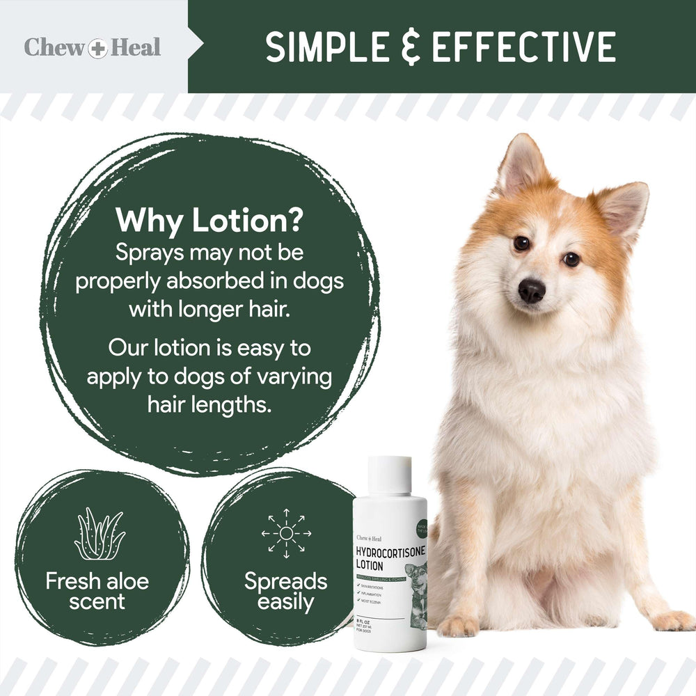 Chew + Heal Labs hydrocortisone lotion bottle features anti-itch benefit callout.