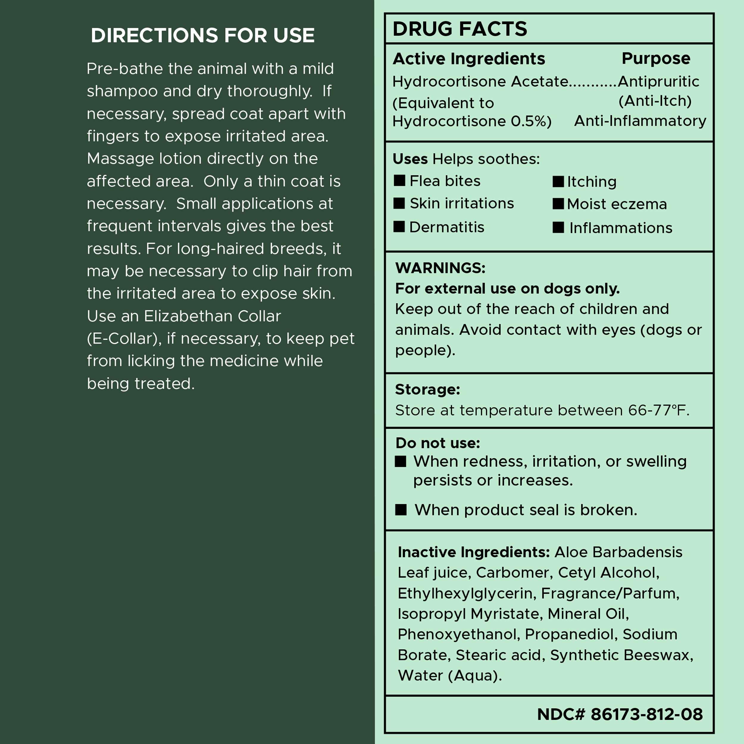 Chew + Heal Labs hydrocortisone lotion packaging shows USA manufacturing claims.