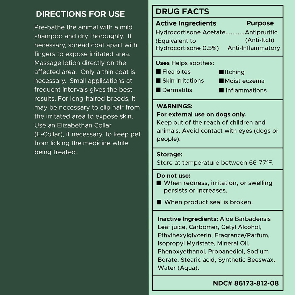 Chew + Heal Labs hydrocortisone lotion packaging shows USA manufacturing claims.