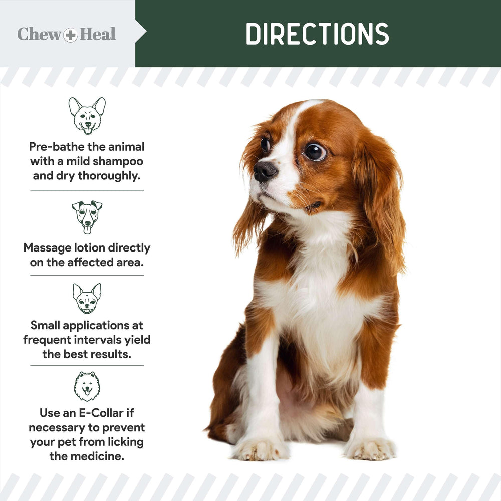 Chew + Heal Labs hydrocortisone lotion USA-made label shows trusted manufacturing.