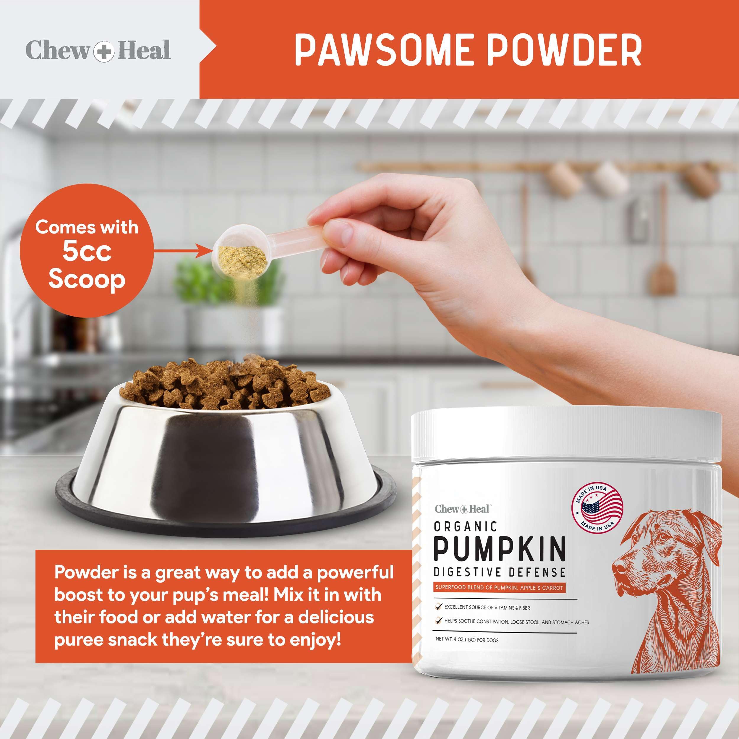 Chew + Heal Labs Made in USA bottle signals quality and safety.