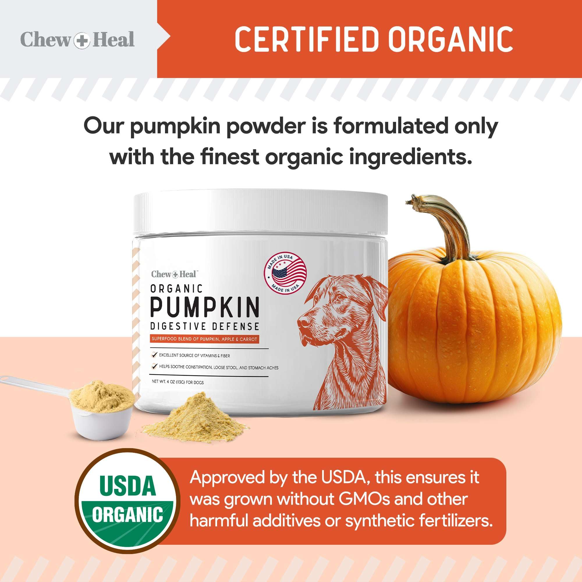 Chew + Heal Labs Organic Pumpkin Powder blends into meals for versatile dog support.