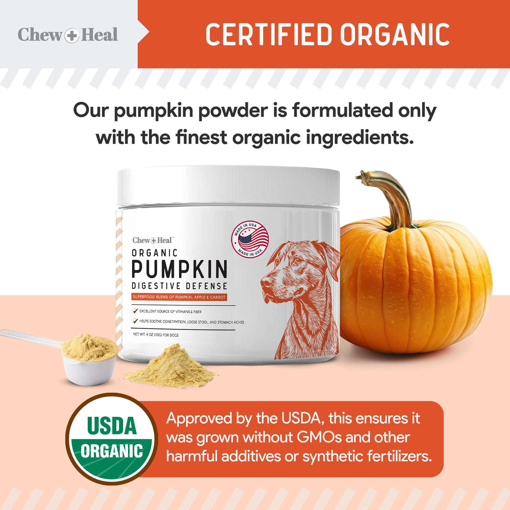 Chew + Heal Labs Organic Pumpkin Powder blends into meals for versatile dog support.
