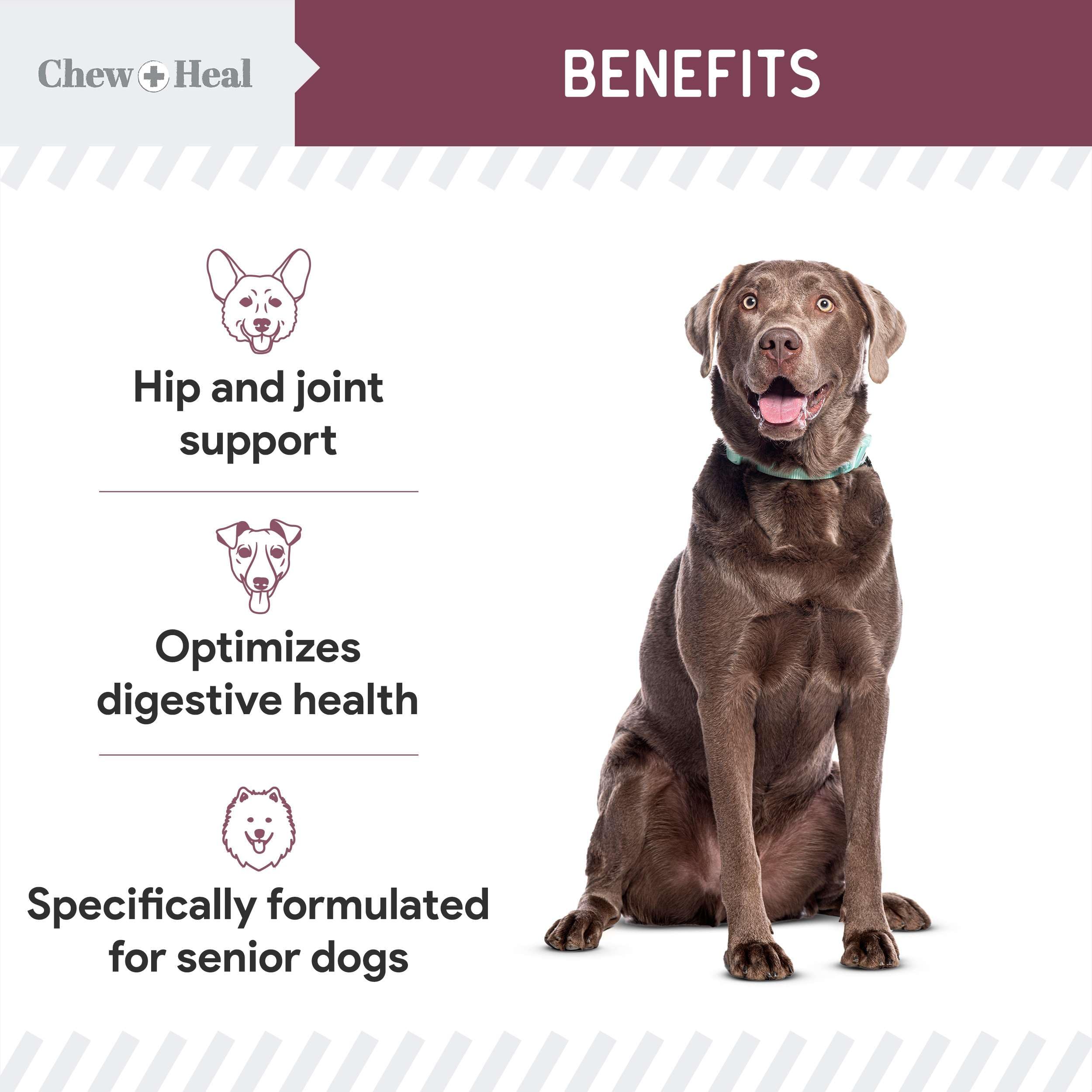Chew + Heal Labs omega-3-6-9 feature coat health and skin support visually.