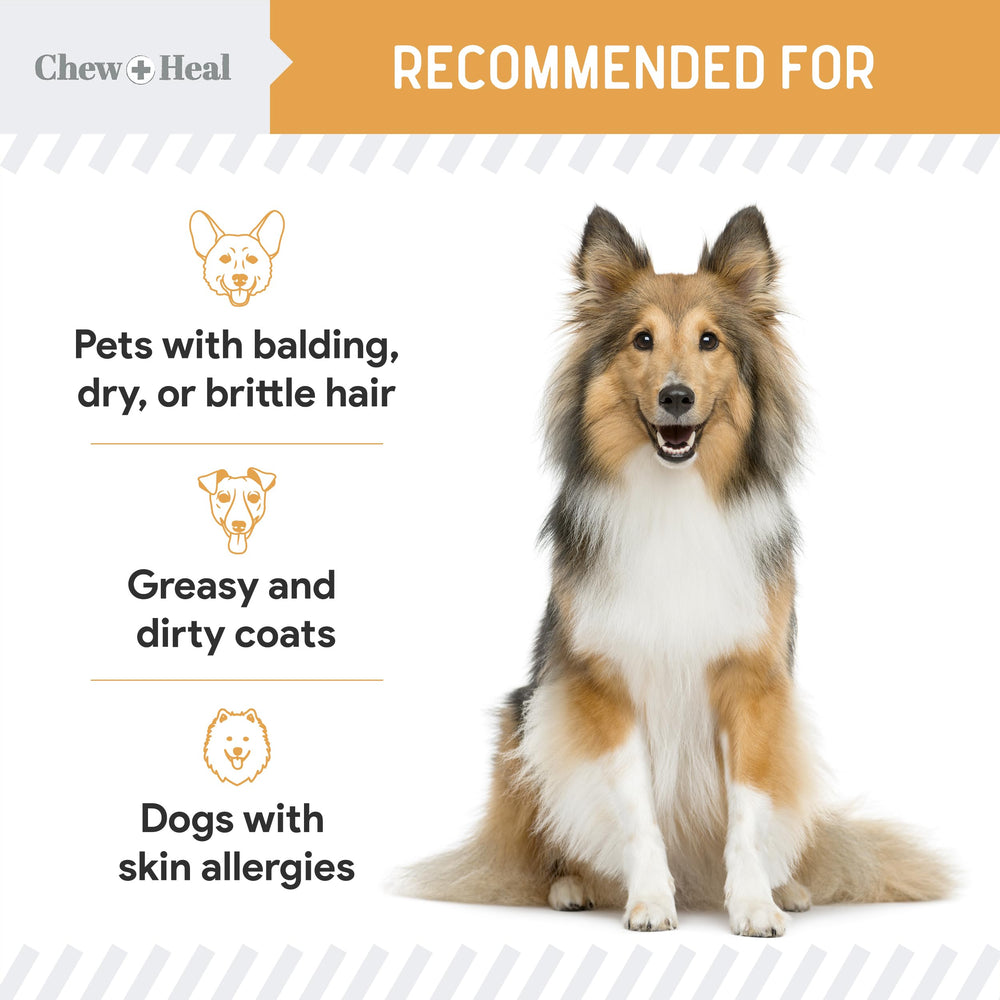 Chew + Heal Labs Omega dog Made in USA packaging badge