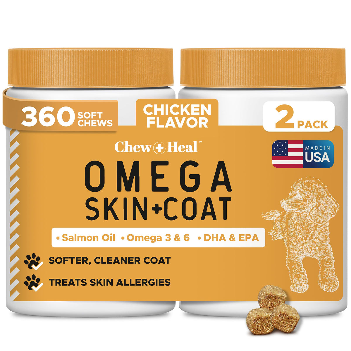 Chew + Heal Labs Omega dog soft chews bottle supports daily coat health