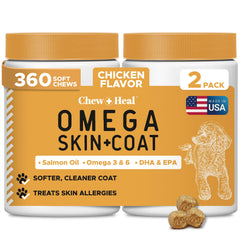 Chew + Heal Labs Omega dog soft chews bottle supports daily coat health