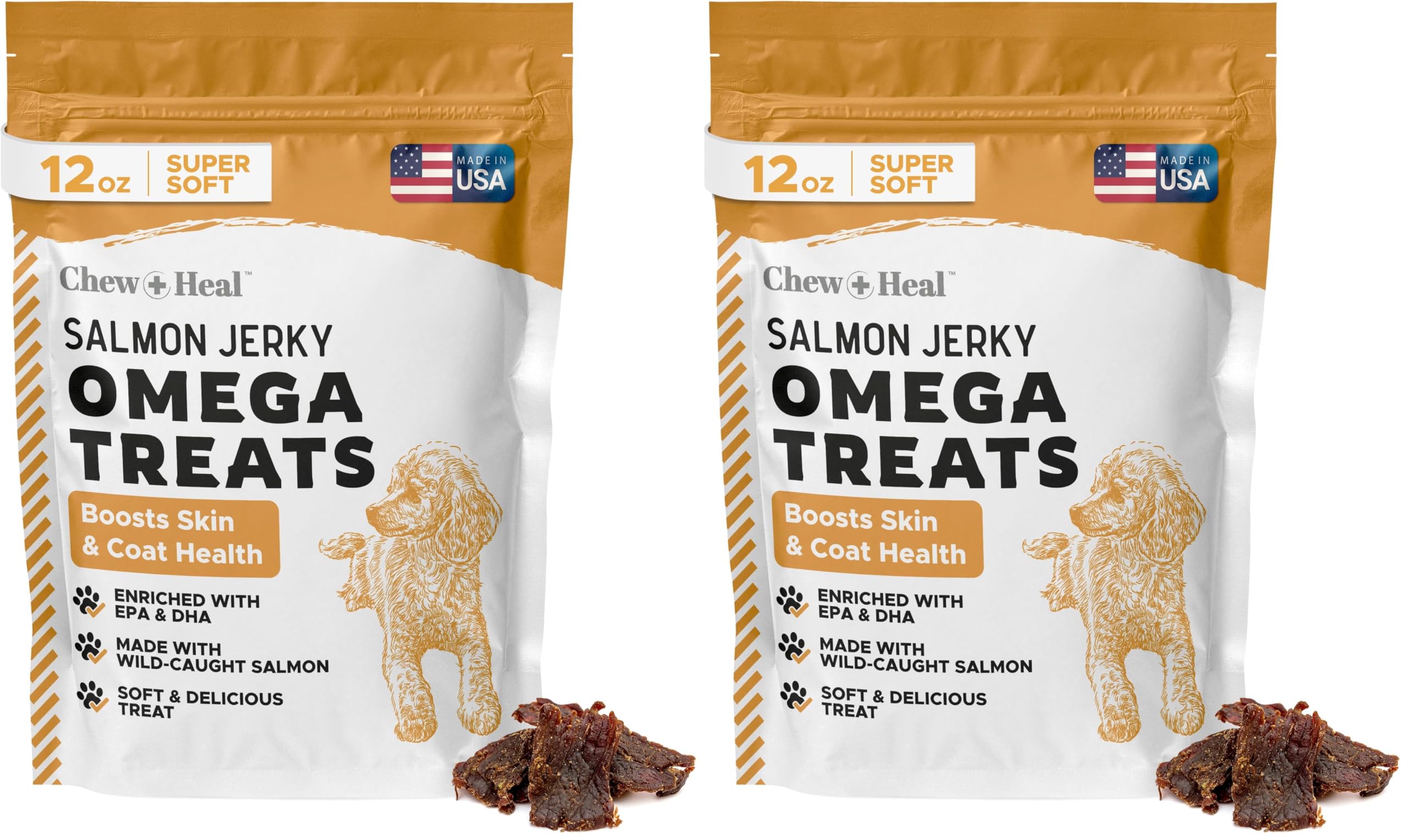 Chew + Heal Labs omega-soft salmon jerky packaging shows training appeal