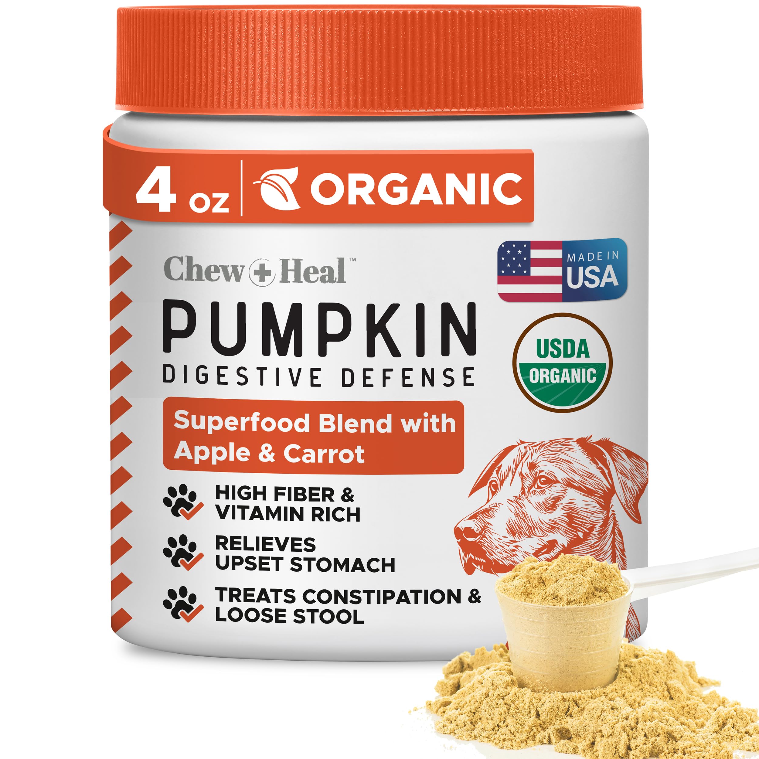Chew + Heal Labs Organic Pumpkin Powder in a dog bowl improves digestion and meal appeal.