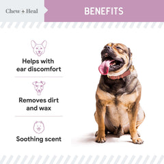 Chew + Heal Labs OTIC dog ear drops dispensing highlights ready-to-use buildup care.
