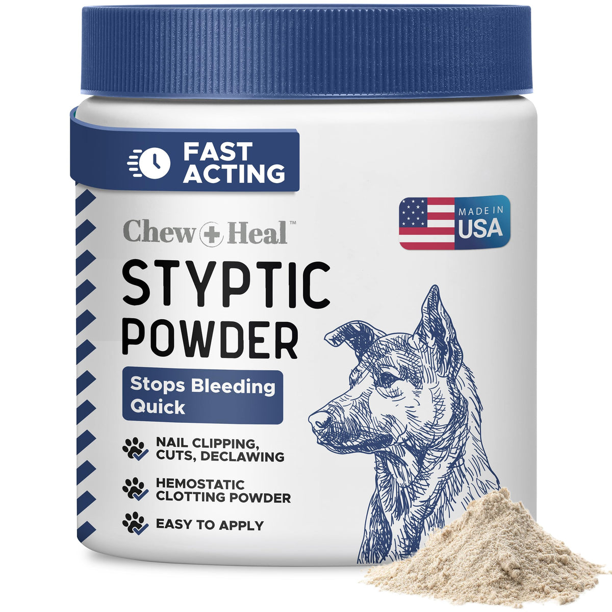 Polvo hemostático de Chew + Heal Labs para perros y gatos detiene sangrado rápidamente.