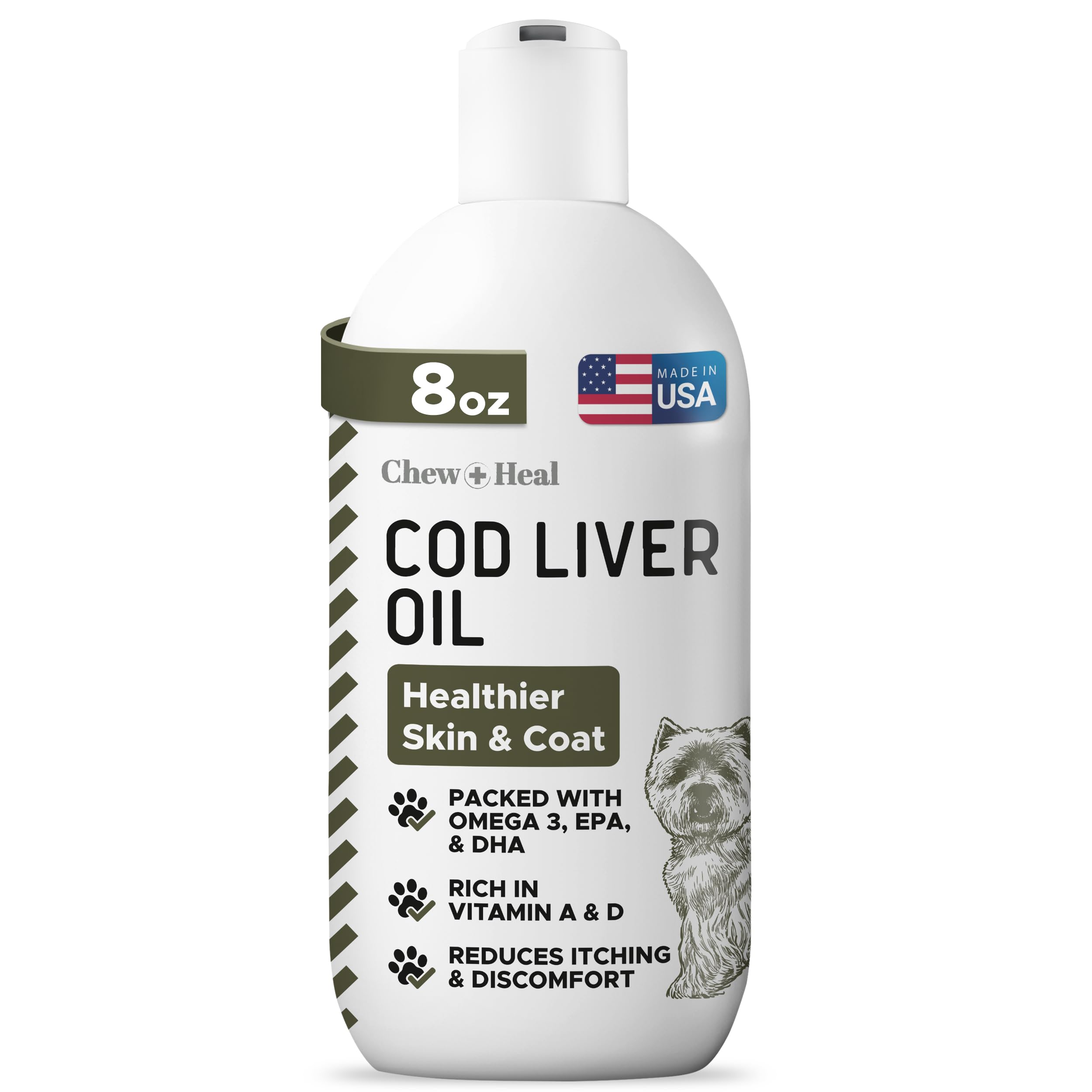 Chew + Heal Labs Pure Cod Liver Oil bottle pour supports dog's coat health.