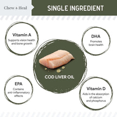 Chew + Heal Labs Pure Cod Liver Oil label close-up highlights omega nutrients.