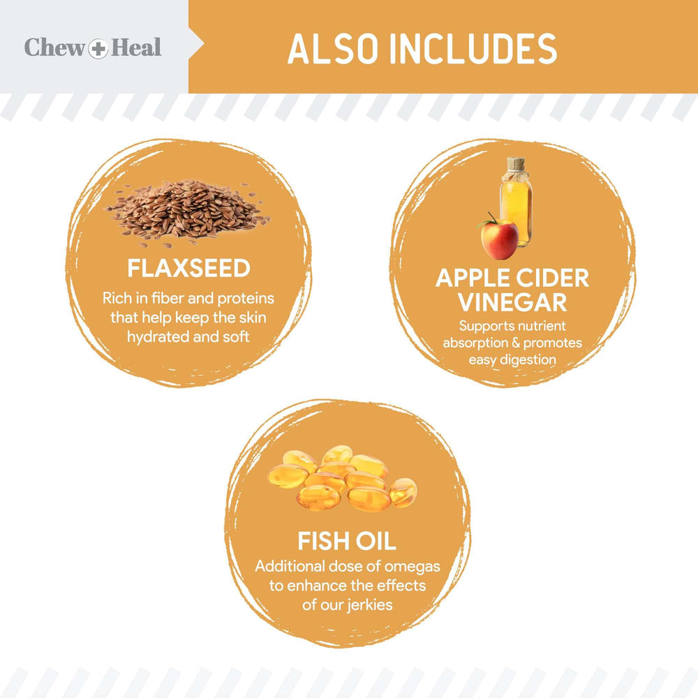 Chew + Heal Labs salmon jerky treat piece with soft texture for easy chews